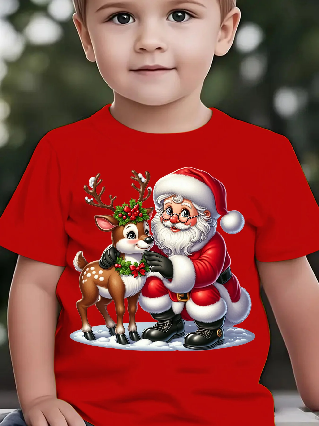 Christmas Summer Children's T-shirt with Cartoon Pattern Printing of Santa Claus and Reindeer in The Snow Parent Child Top