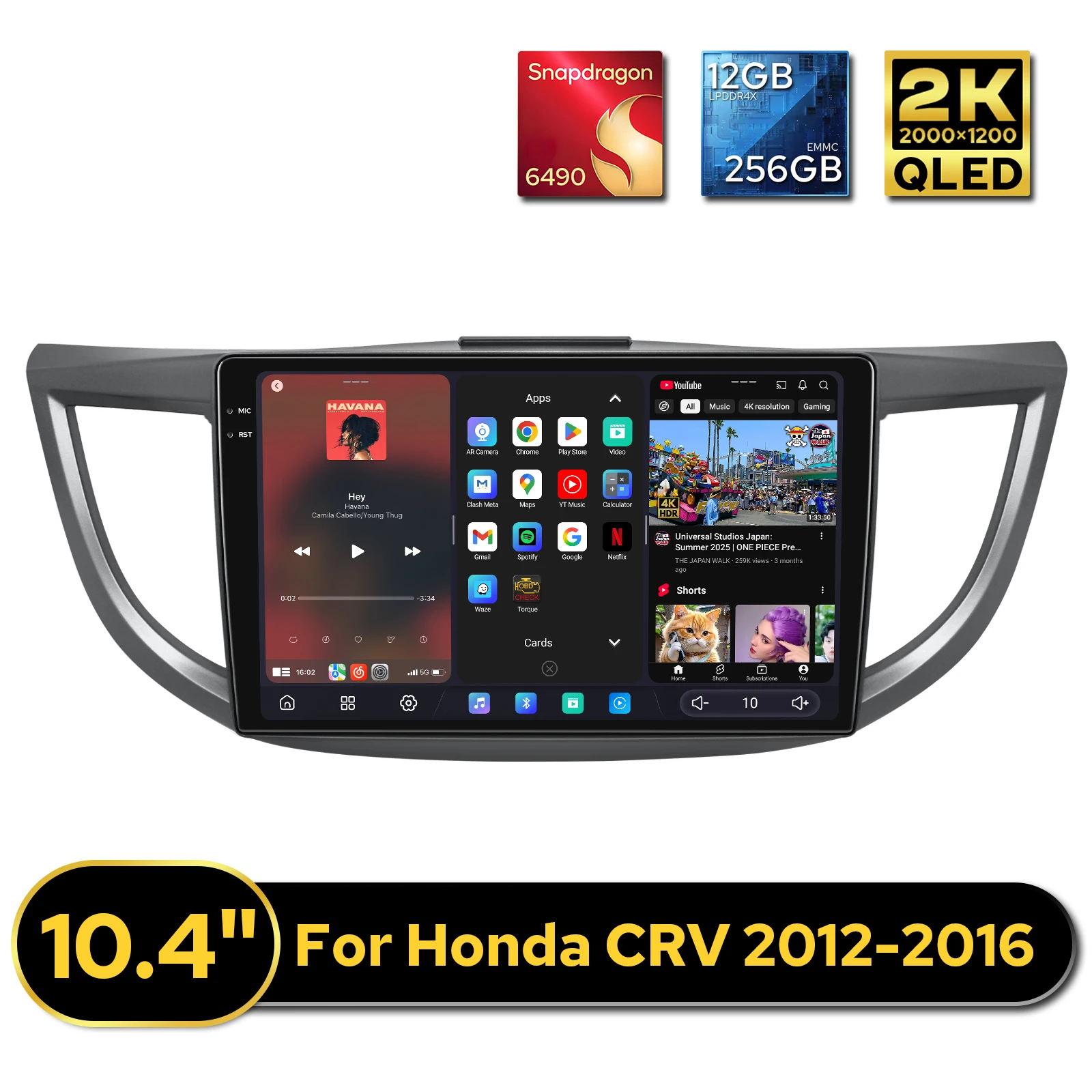 

12GB 256GB 10.4 Inch Android Car Stereo For Honda CRV 2012 2013 2014 2015 2016 Carplay Multimedia Player 360°Ccamera Input