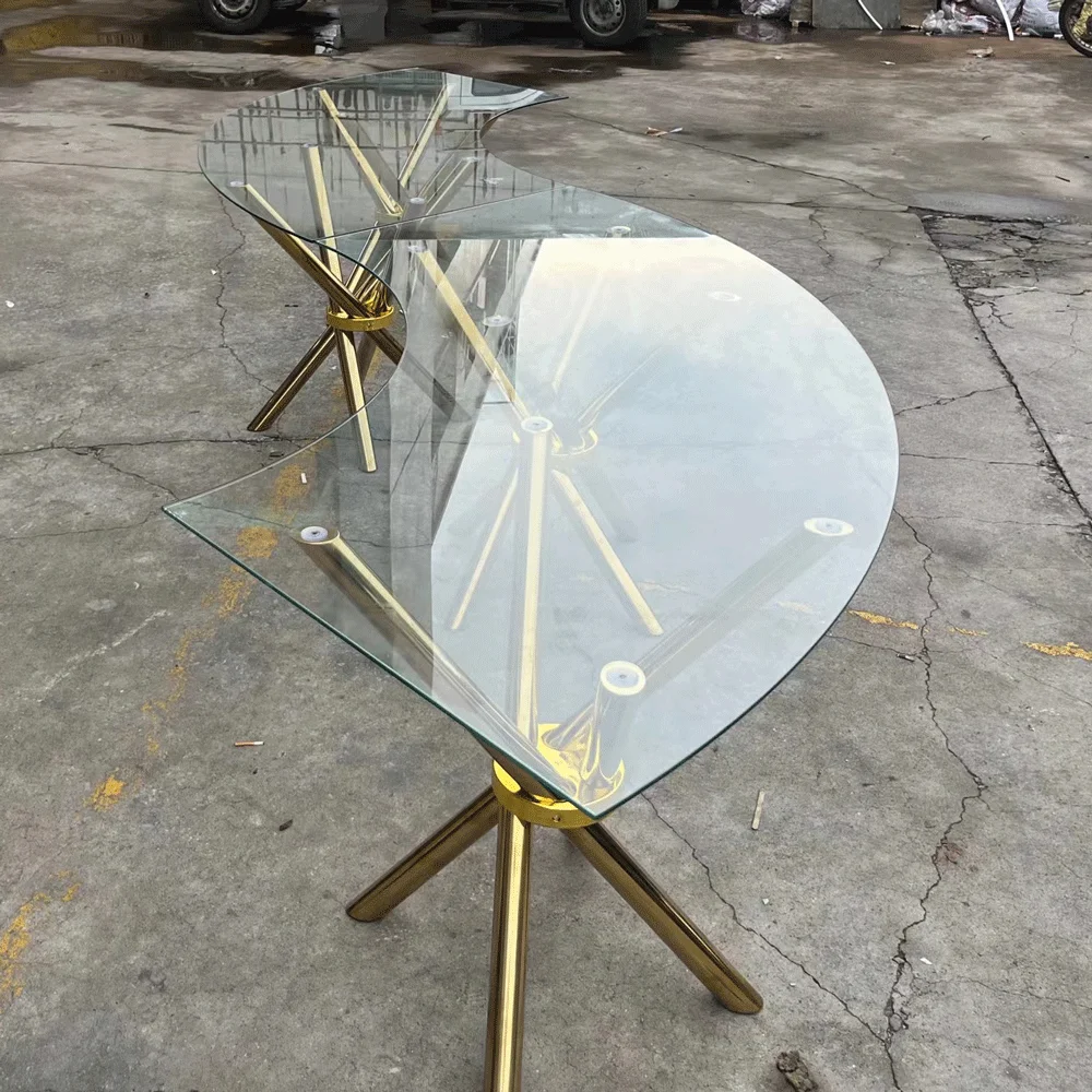 

S serpentine shape s shape banquet table stainless steel base with glass table top for wedding event banquet table