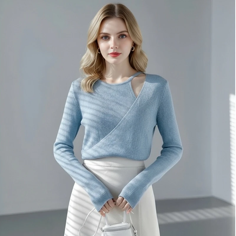 

Autumn New Women's Clothing Round Neck Long-sleeved Hollow Long-sleeved Sweater Fashion Solid Color Slim-fitting Knitwear Blouse