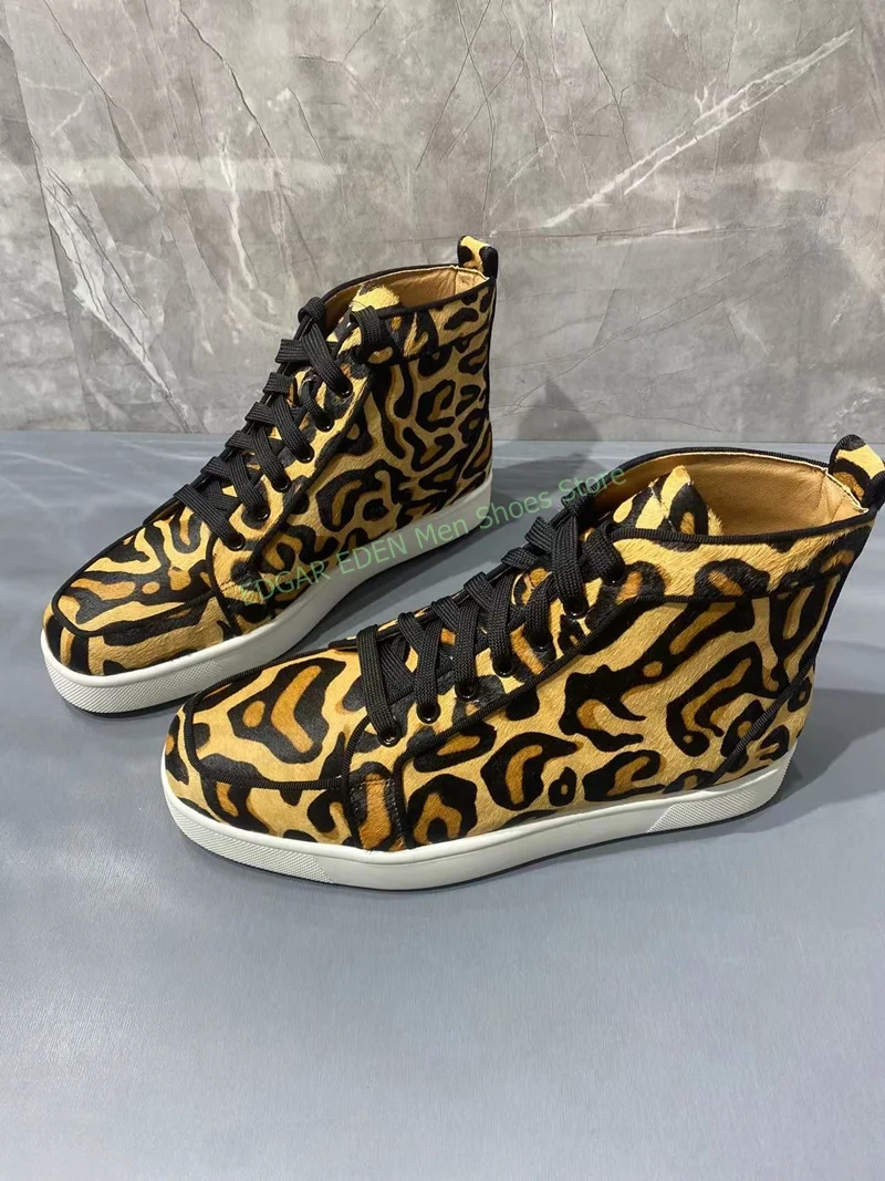 Men Woman Fashion Yellow Brown Leopard Print High Top Boots Comfortable Flat Heel Round Toe Lace Up Male Ankle Boots Shoes