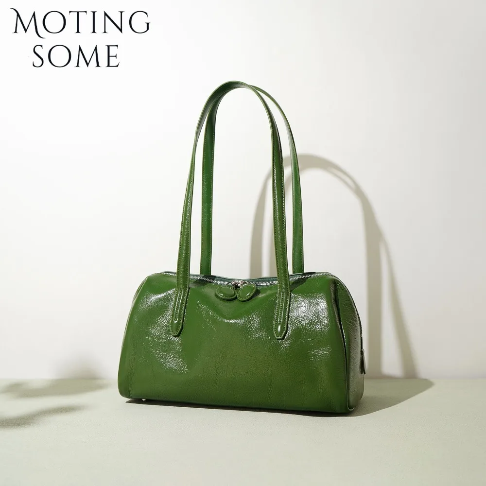 Motingsome Green Bags Retro Women Bag Luxury Oil Wax Cowhide Leather Handbag Vintage Boston Pillow Purses Lady Daily Purses 2024