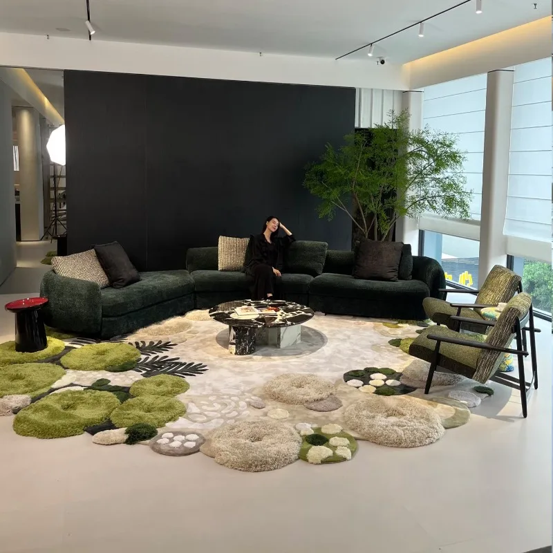 Premium light luxury irregular carpet beige round living room handmade wool woven artistic carpet