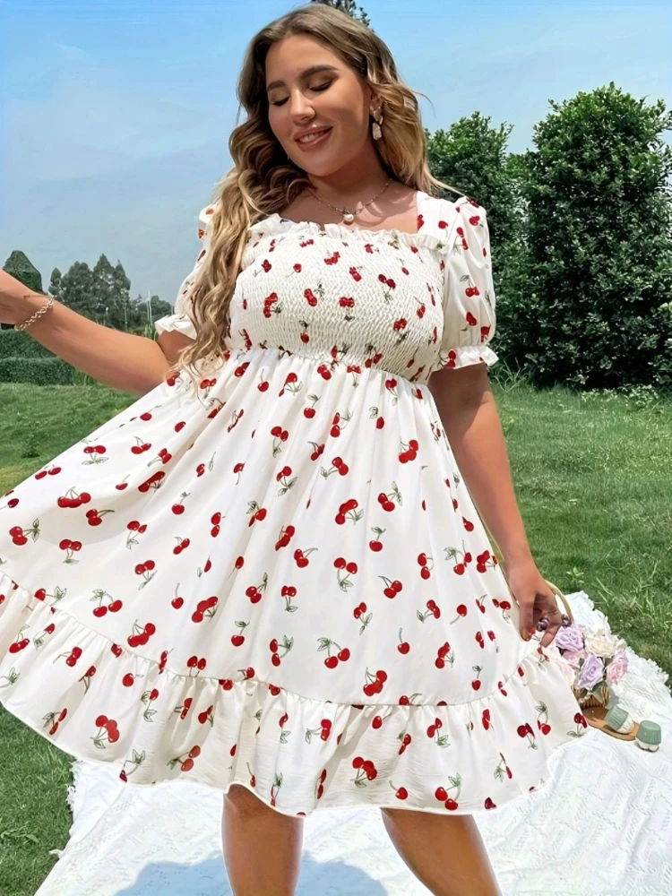 Floral Print Summer Elastic Waist Dress Slimming Flowy Casual Boho Women Dresses European American Style Loose Fit Maxi Dress