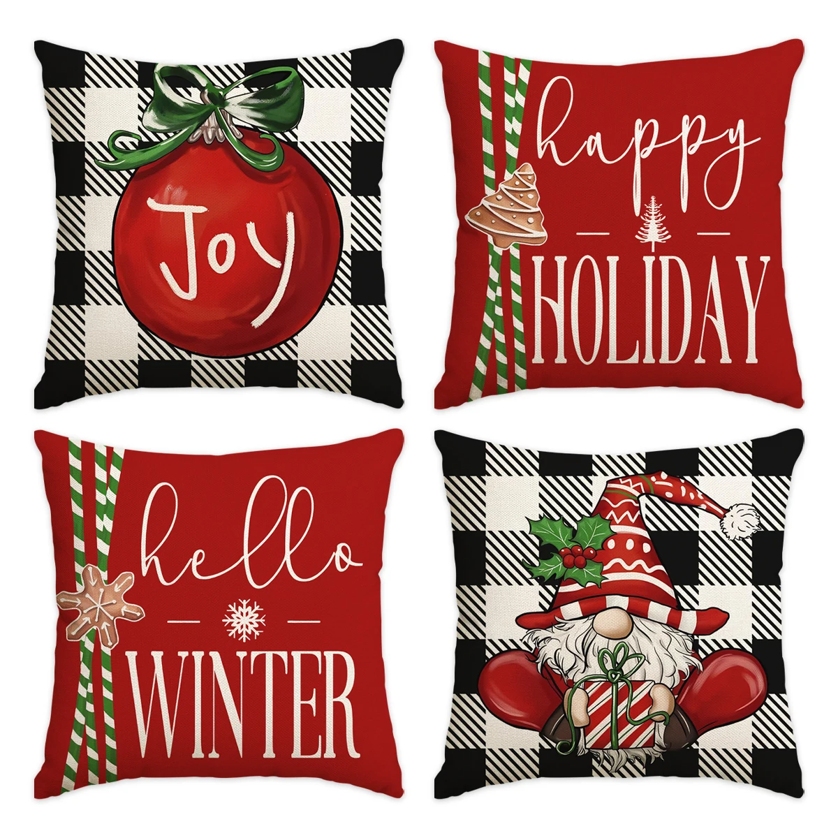 1/4 Stück Vintage rote Weihnachtskissenbezüge, Schleife Weihnachtskugeln, Kissenbezüge im Weihnachtselfen-Design, Weihnachtsdekorationen