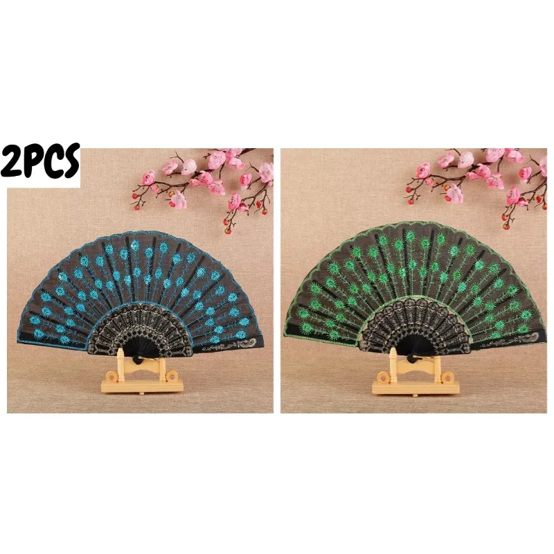 2PCS Vintage Hollow Black Sequin Wing Chun Fan Plastic Exquisite Embroidery Vintage Hollow Black Sequin Wing Chun Fan Square