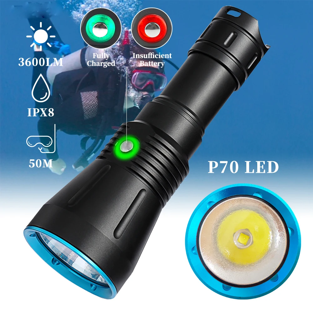 

FUNNYDEER DA16S P70 LED Diving Flashlight 18650 26650 Battery 3600LM XHP70 Diving Depth IPX8 Waterproof Work Lantern Lamp