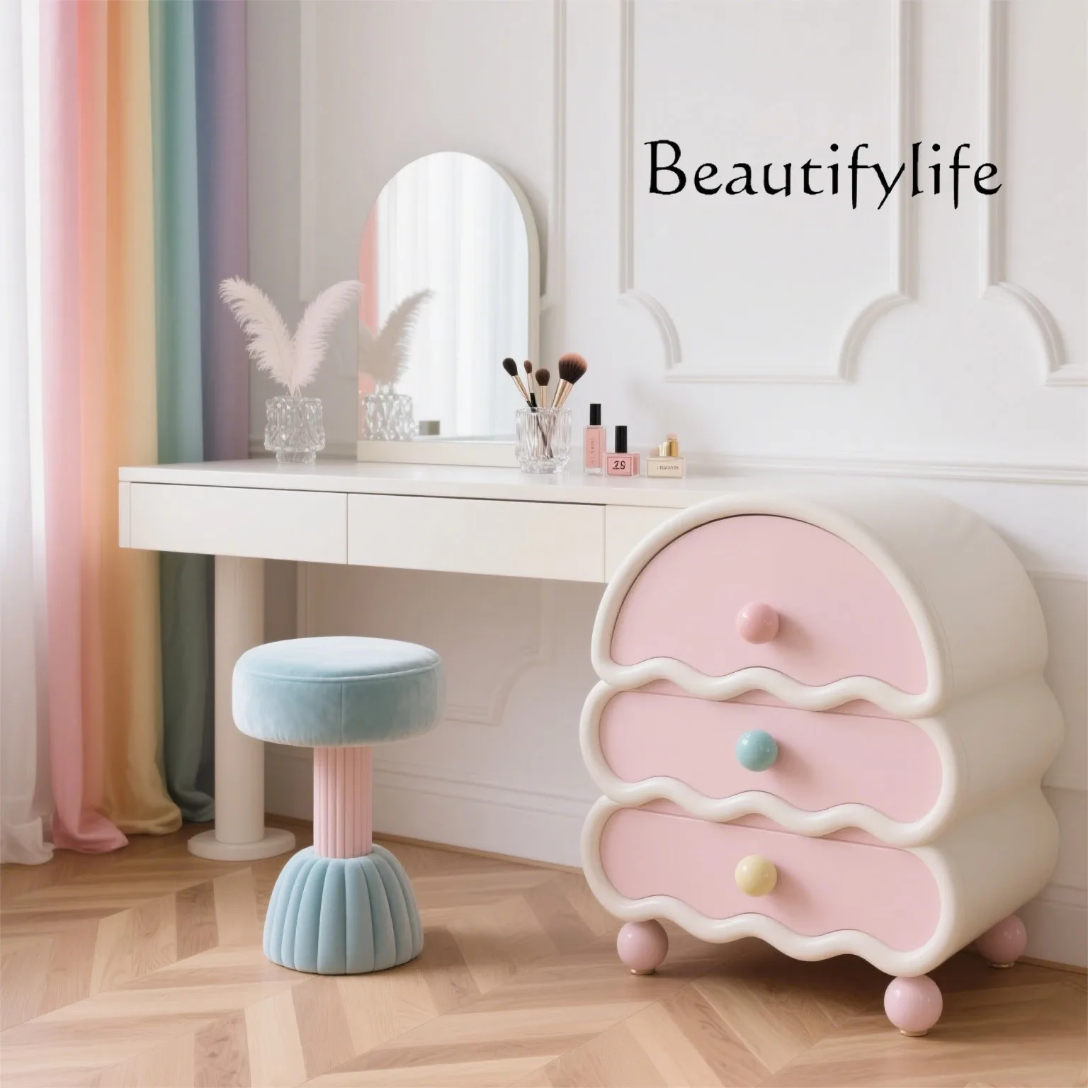 

New cream style pink solid wood chest integrated bedroom makeup table storage cabinet dresser makeup table