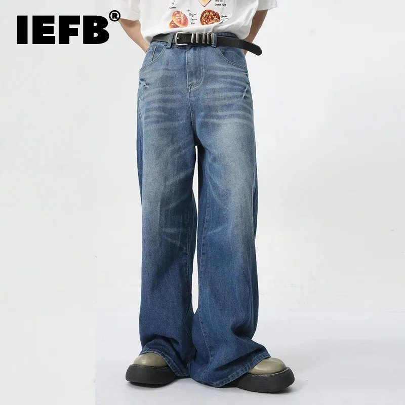 

IEFB New Fashion Men's Jeans 2024 Autumn American Style Lightning Pattern Washed Straight LooseWide Leg Denim Pants 9C6172