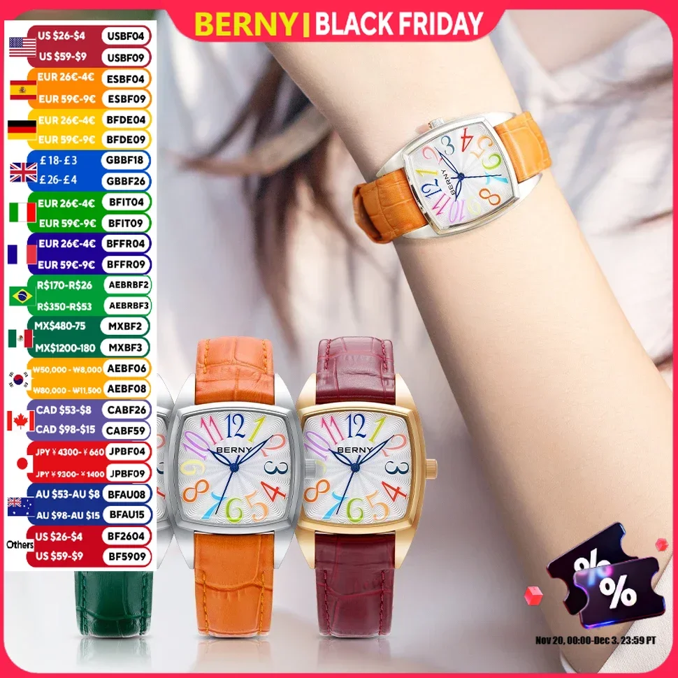 BERNY Women's Watches Elegant Casual S/S Leather Strap Square Quartz Woman Watch Ladies Colorful Numeral Easy Read Wristwatch