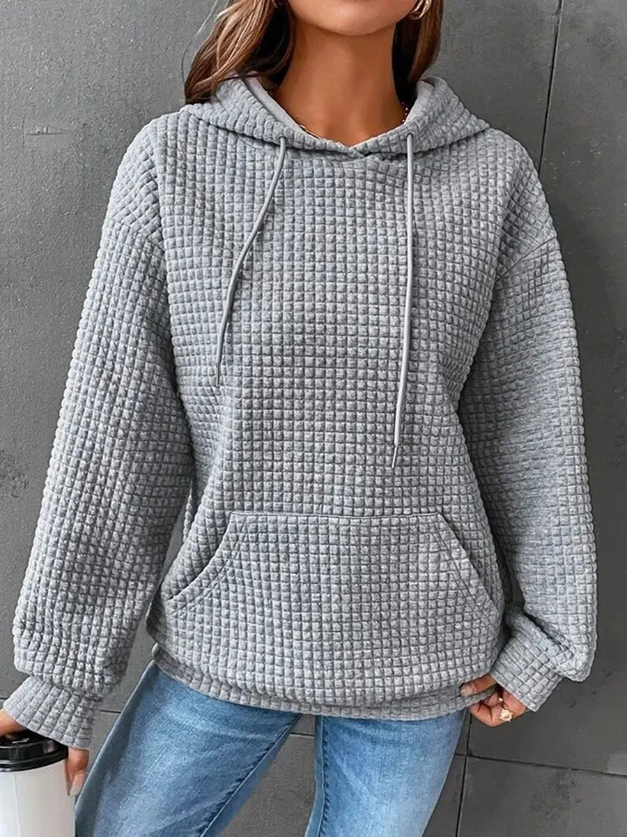 

Women's Casual Loose Hooded Hoodies Shirts Autumn Plaid Jacquard Long Sleeve Sweatshirt with Kangaroo Pocket Female Pullovers