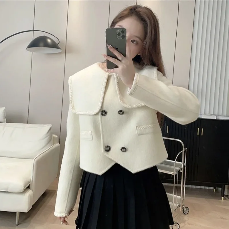 

Women's Elegant Double-Faced Wool Overcoat, Sailor Collar, Short Woolen Coat, Casual Versatile Outerwear, Female Fashion,2024