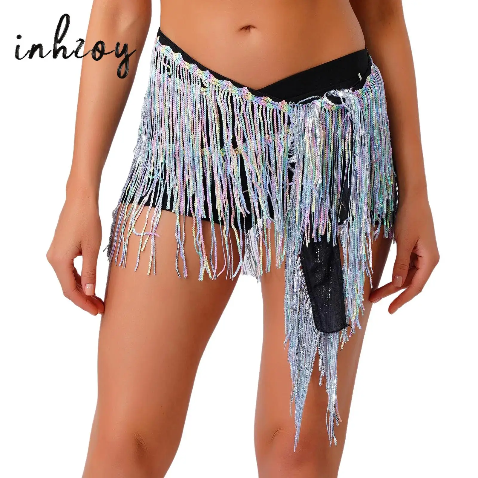

Womens Glittery Sequin Belly Dance Hip Scarf Shiny Tassel Fringe Lace-up Waist Chain Skirt for Folk Jazz Latin Dance Performance