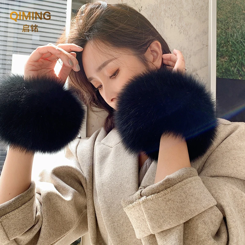 Winter Real Fox Fur Cuffs Warmer Furry Wrist Cuff Fur Sleeves Fluffy Fur Wrist Cuffs For Women Coat Arm Cuffs Bracelet Wristband