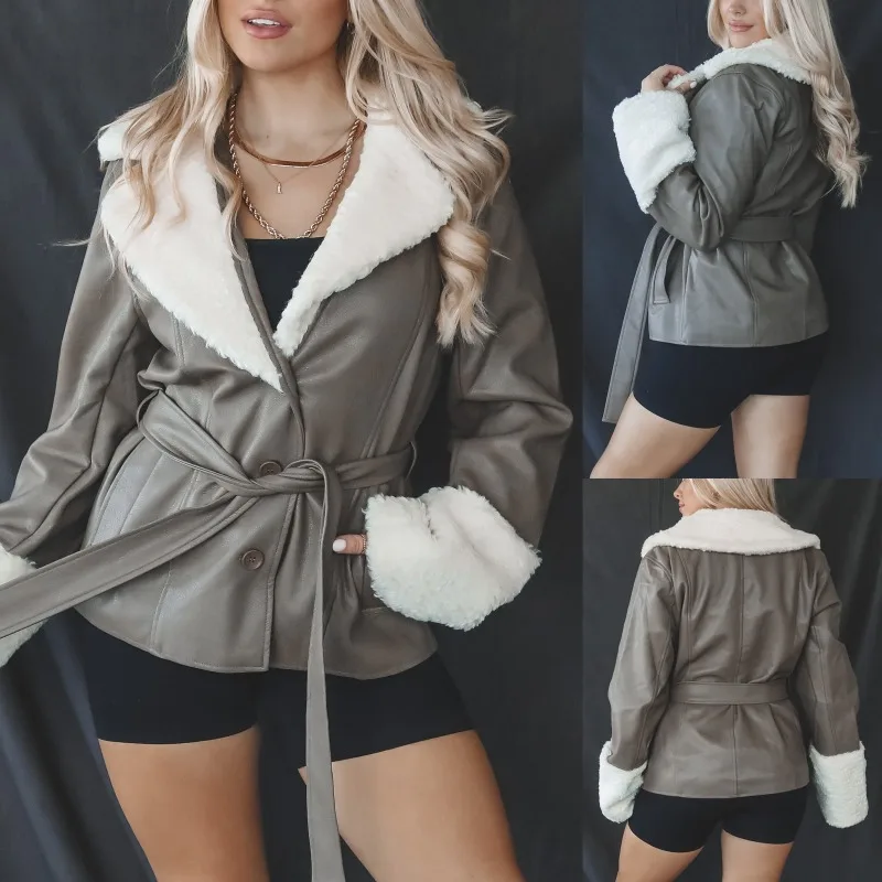 Winter PU Leder Revers Jacke Solide frauen Jacke Lange Ärmeln Spitze Up Fleece-gefüttert Jacke Neue Stil elegante Frauen Top