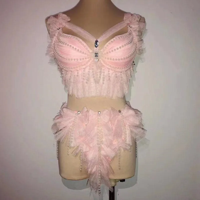 Sexy Bar Nightclub DJ Female Singer Pole Dance Stage Wear Pink Beads Tassel Bikini 2 Piece Costume Dance Team Performance Outfit