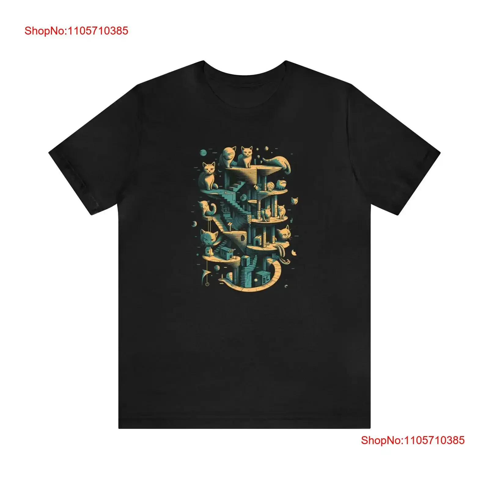 MC Escher Inspired Cat Staircase T Shirt Surreal Feline Fashion vintage Washed streetwear Breathable Stylish Slightly