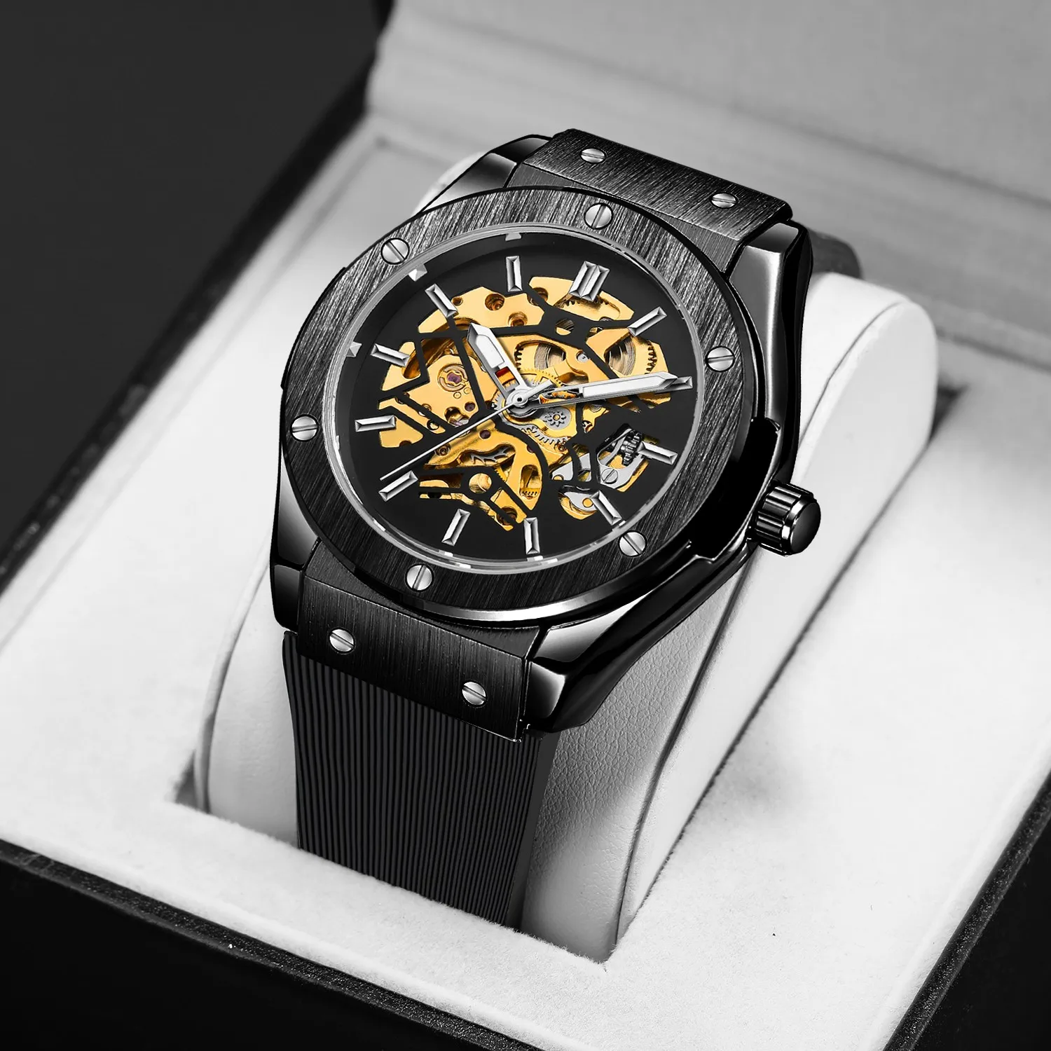 Fashion Forsining Top Brand Luxury Men\'s Casual Hollow Frame Silicon Strap Fully Automatic Skeleton Mechanical Wrist Watches