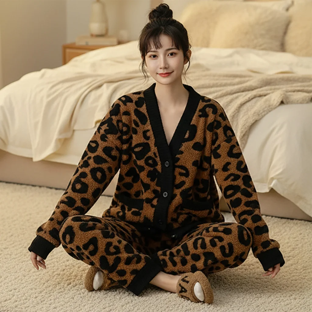 

2025 New Autumn and Winter Women's V-Neck Leopard Print and Plush Thick Warm Home Clothes Pajamas Set Ladies Sleepwear Homewear