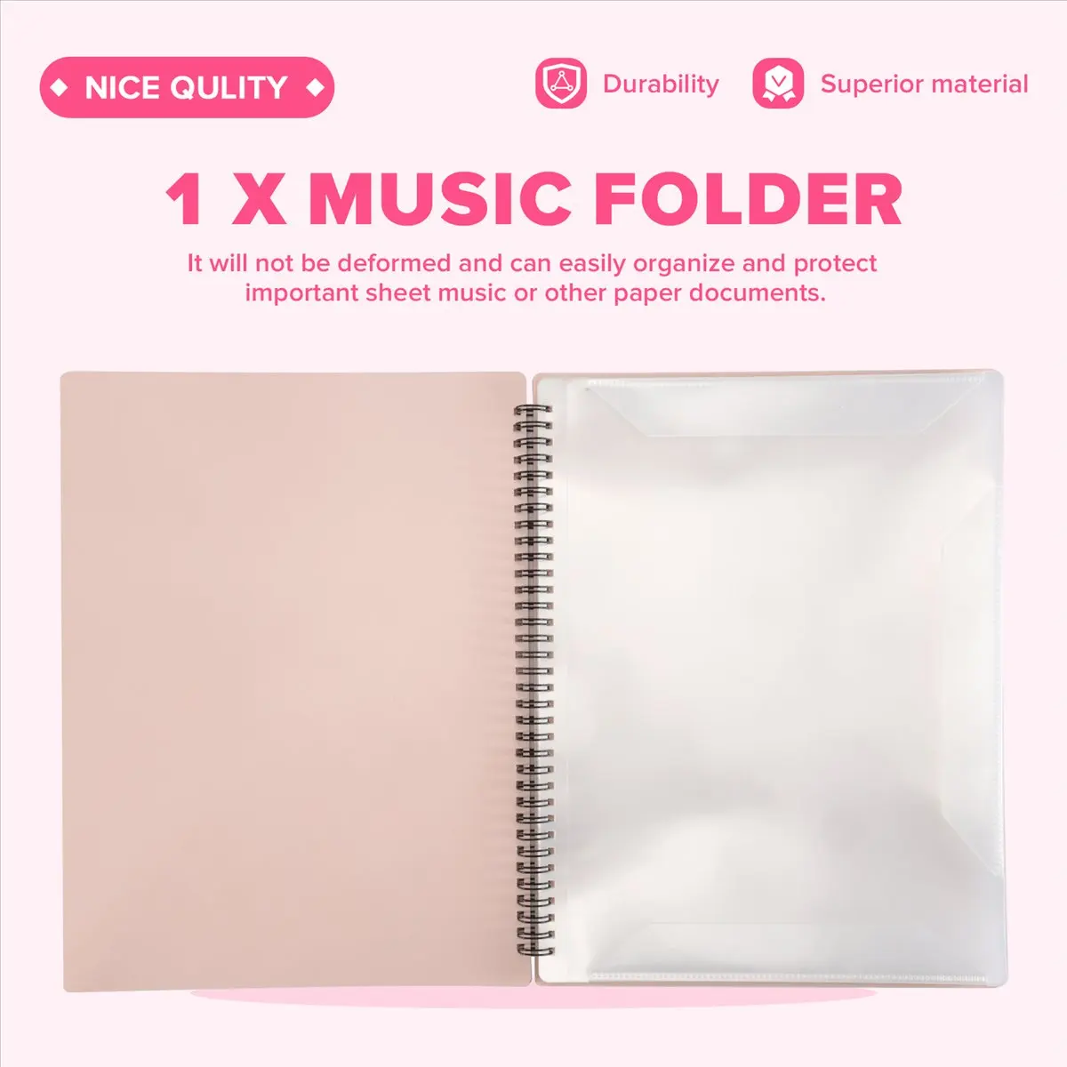 STOCK& Sheet Music Folder, 60 Pages Capacity,Sheet Music/Holder,Fits Letter Size A4, Writable & Detachable (Pink)