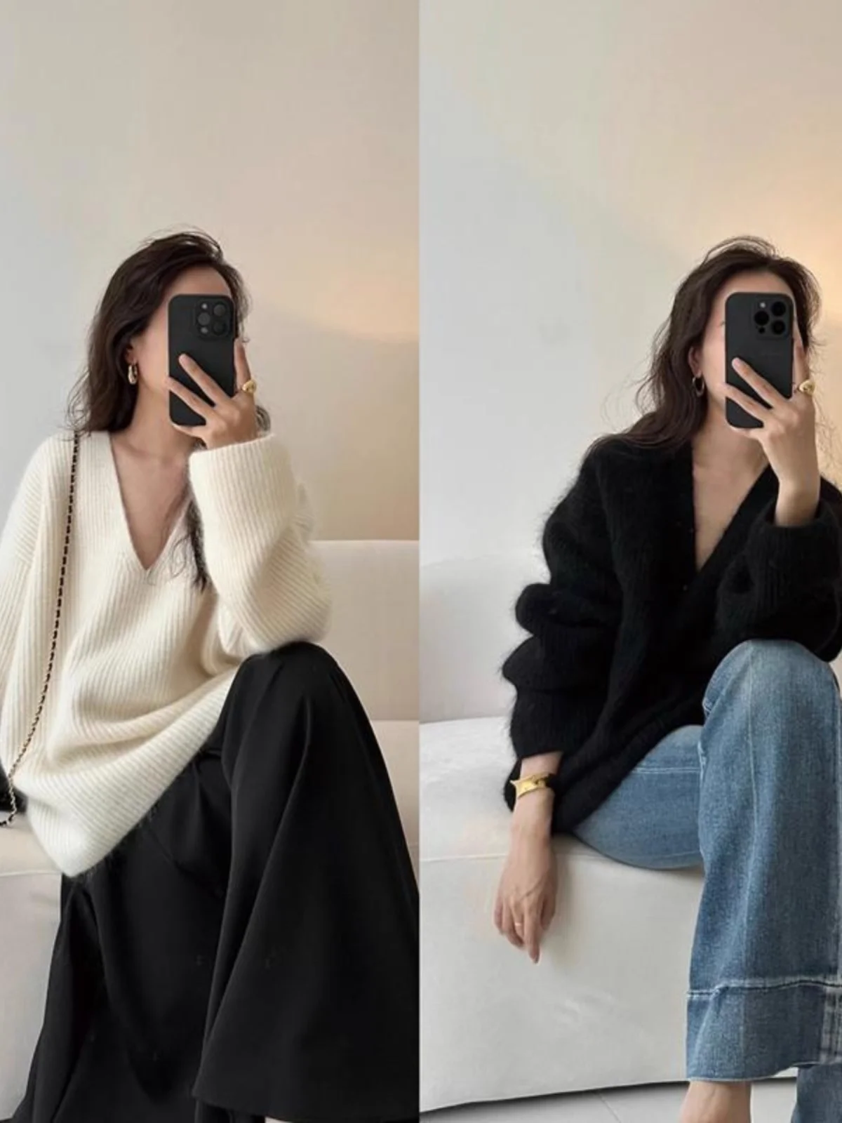 

High-Grade 100% Cashmere White V-Neck Sweater Long Thick Pullover for Autumn Winter Slim Fit Comfortable Soft Cashmere Knitwear