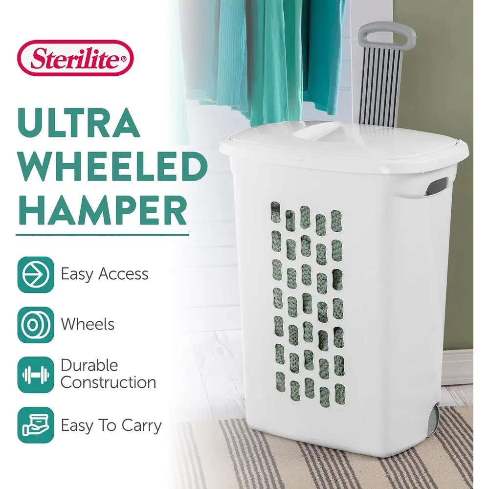 3-Pack Ultra Wheeled Hamper, Laundry Basket w/ lip-Top Lid & Retractable Handle - Plastic Rolling Clothes Storage Cart with Vent