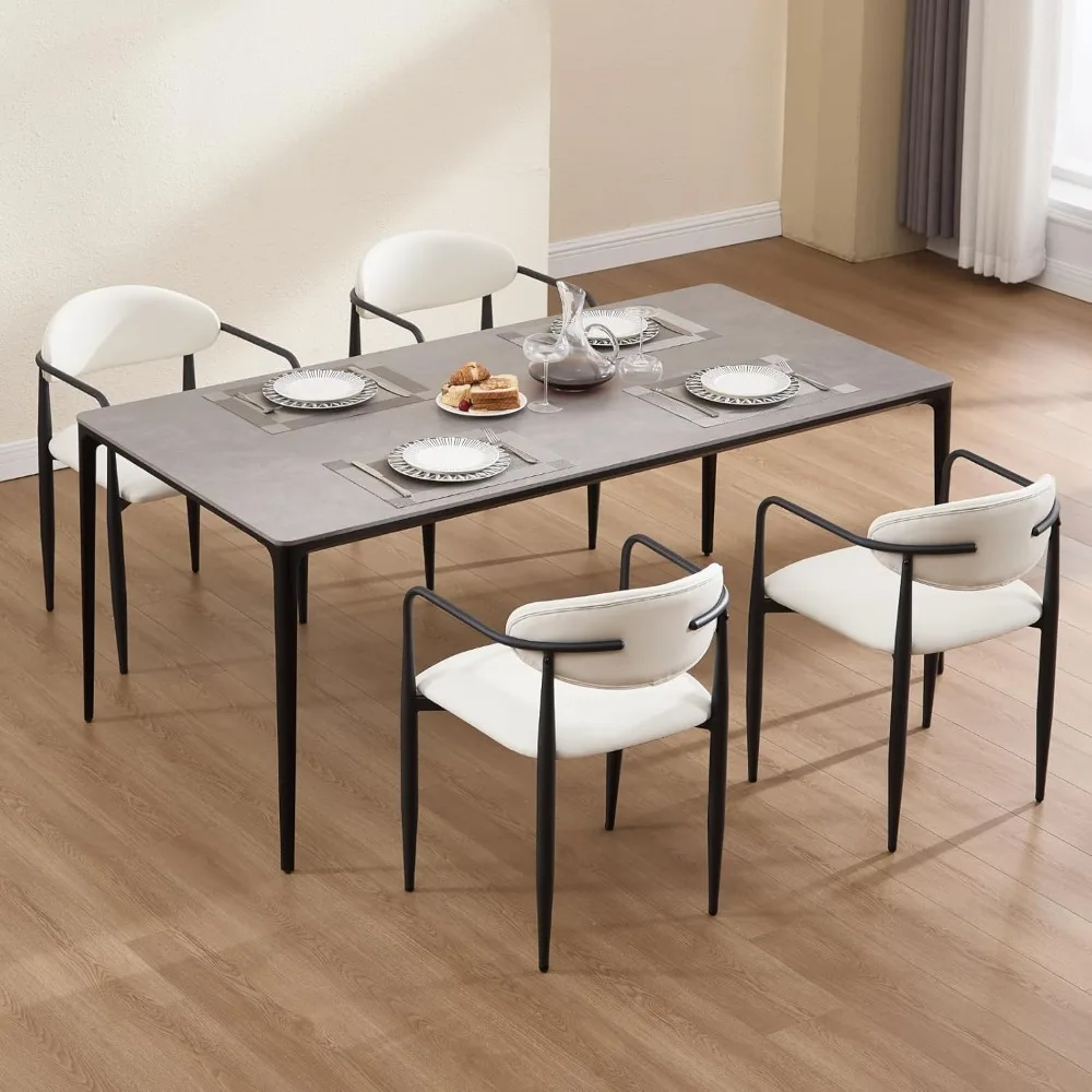 

White Leather Dining Chairs Set of 4, Barrel Dining Room Chair with Arm & Black Metal Legs, Modern Kitchen Side Chairs Accent A