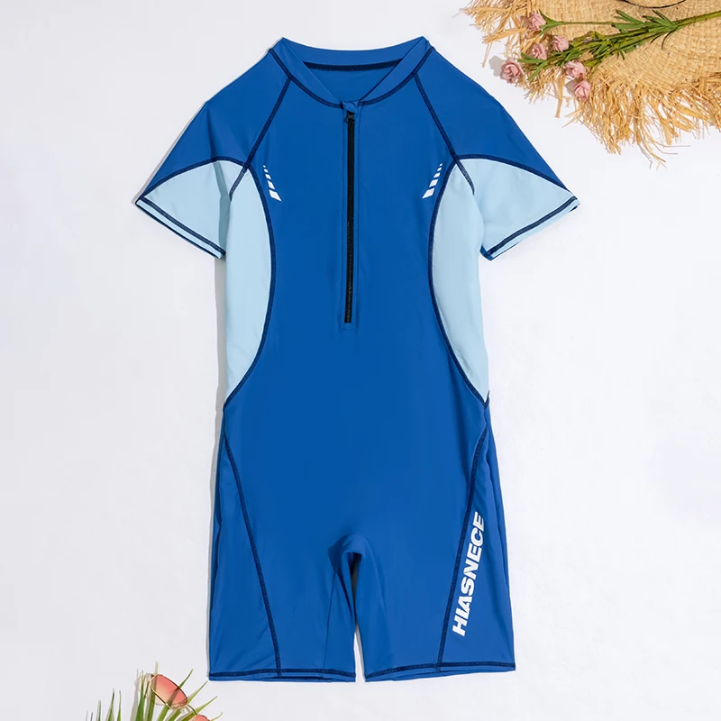 Teenager Boy One Piece Swimsuit Short Sleeves Solid Color Patchwork Kids Bathing Suit Beach Wear 2024 Boy Competition Swimsuit