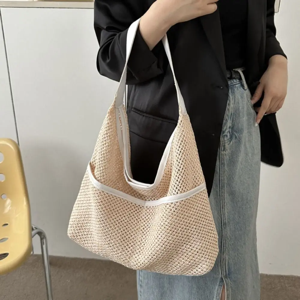 Bolsa de ombro de palha com bolso Bolsa tecida cáqui Bolsa de axilas estilo coreano, grande capacidade para compras, moda