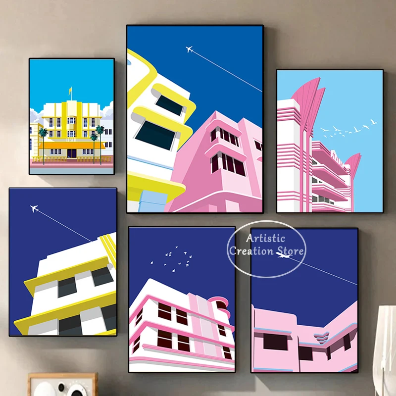 Minimalism Miami Art Deco Building Poster  America Architecture Art Canvas Painting Prints Wall Living Room Picture Home Decor