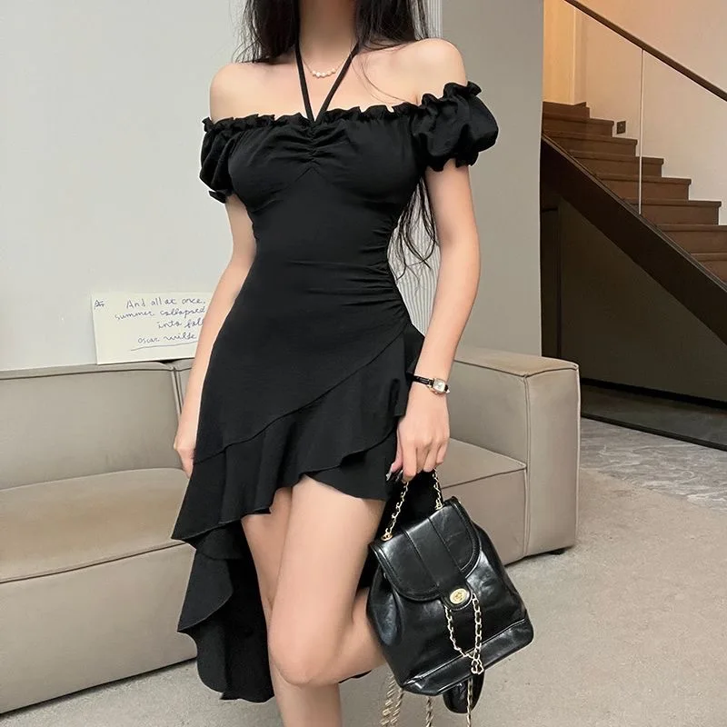 

Summer Black A-line Dress Women Streetwear Sexy Off Shoulder Short Sleeves Ruffled Mid Length Dresses Y2k Elegant Partywear 원피스