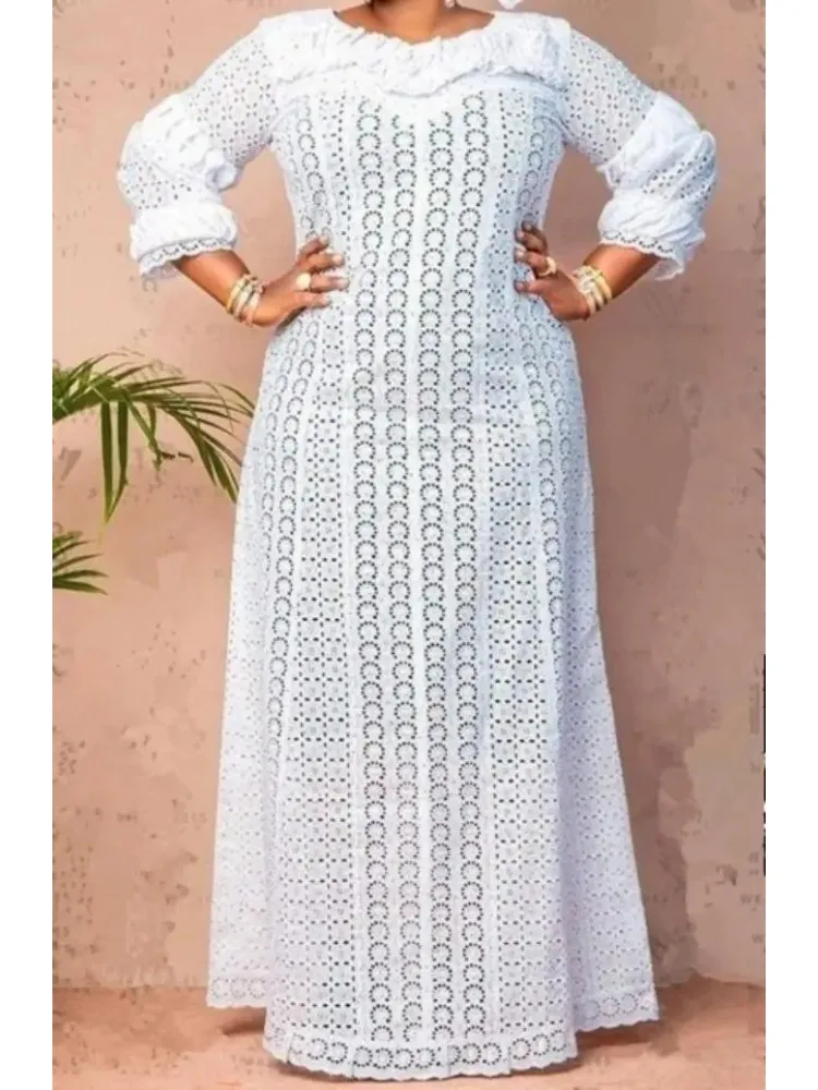 M-5XL Elegant African Elegant Dresses for Women White Hollow Out 2025 Muslim Fashion Abayas Dashiki Robe Kaftan Long Maxi Dress