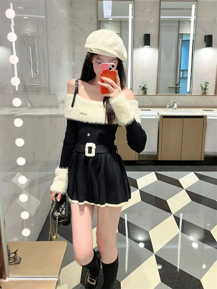 Slash Neck Off Shoulder Long Sleeve Dress Patchwork Fashion Sweet Contrast Color Women Dresses Y2k Elegant Belt Vestido De Mujer