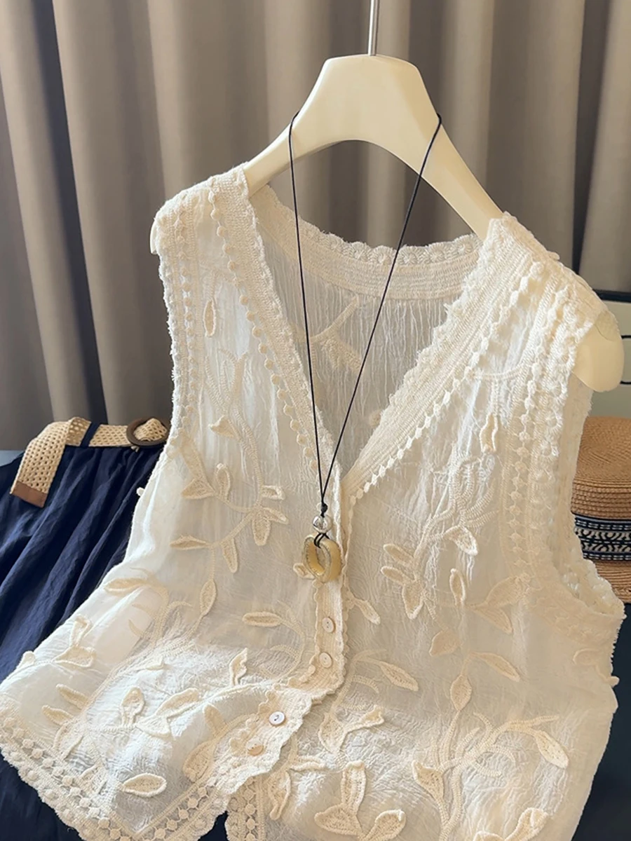 

Elegant Embroidery Hook Flower V-neck Vest Women's Summer New Sleeveless Versatile Thin Coats Fashion Short Cardigan Top