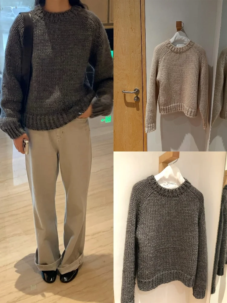 

Sle Women's round Ne Knitted Sweater Soft Cozy Vintage Loose Fit Lazy Sle Woolen Knitwear Casual Top