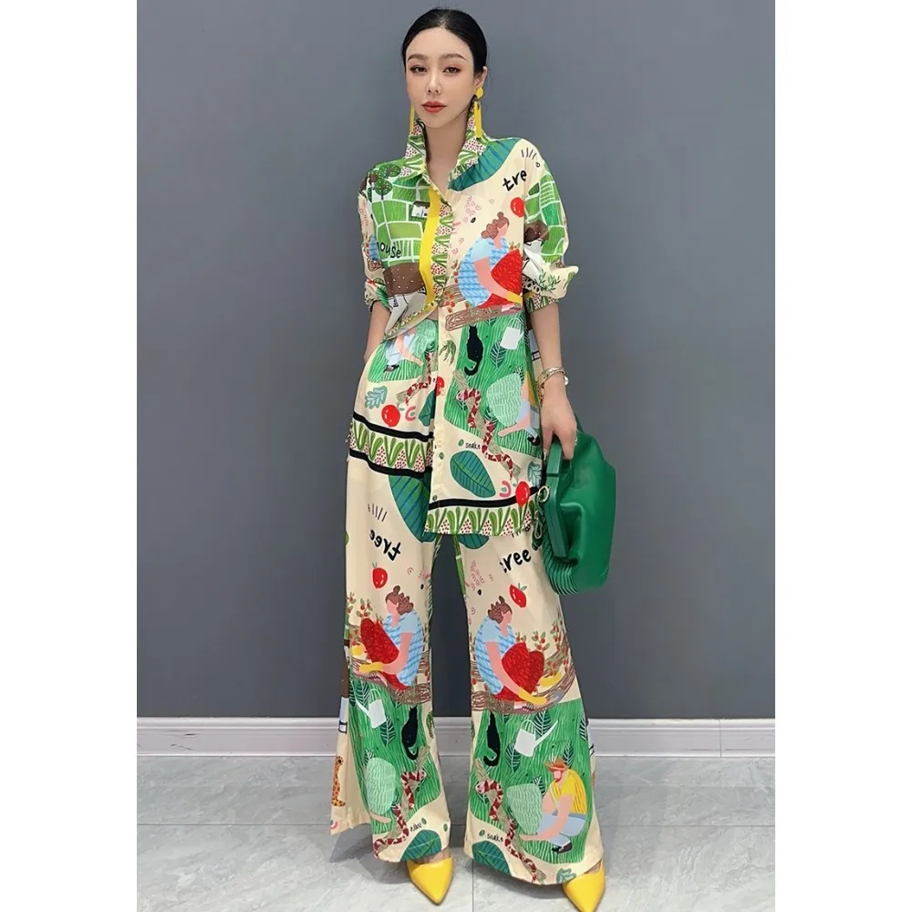 

2024 Summer Women Pant Set Long Sleeved Printed Shirt + Wide Leg Pants Two Piece Set Fashion Casual Elegant Ladies LX1876