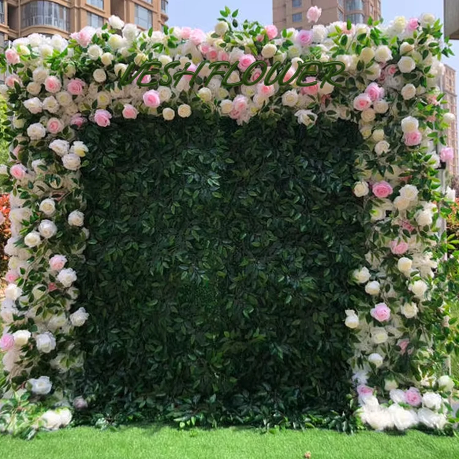 3D pink and white roses and green grass rolled fabric artificial plant flower wall wedding background decor birthday