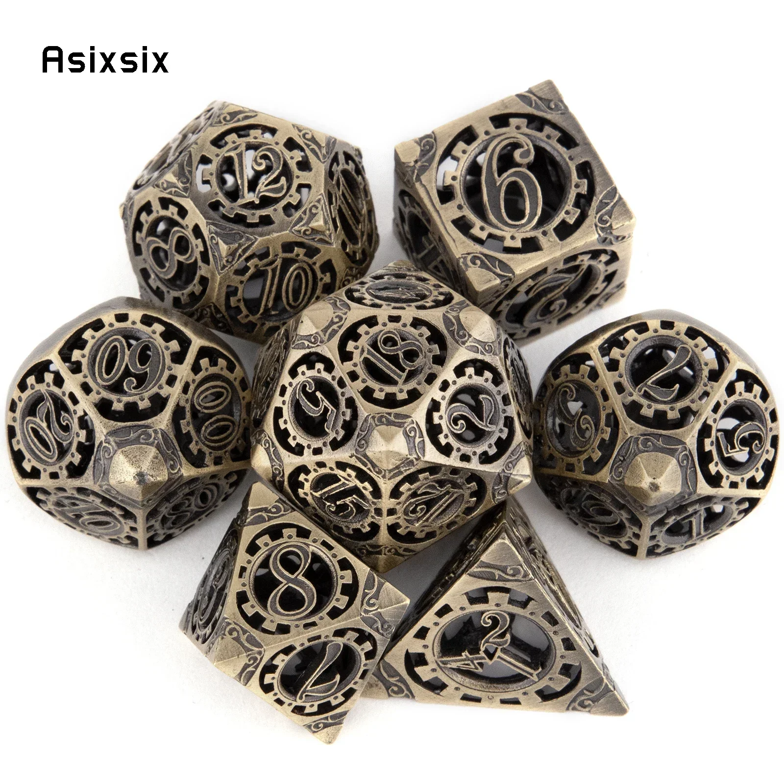 

7 Pcs Yellow Gear Wheel Metal Dice Hollow Metal Polyhedral Dice Set Suitable For Role-Playing Dice PropBoard Game Gift