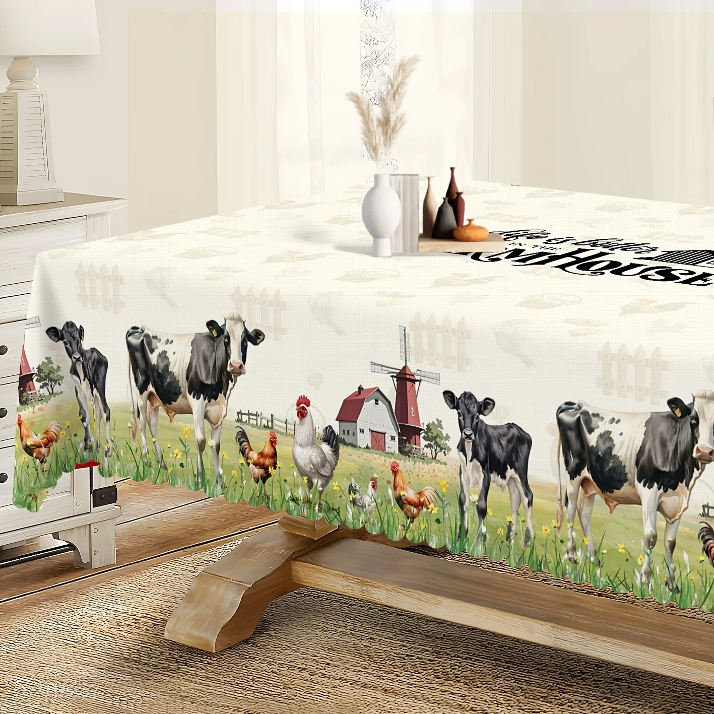 chicken and cow tablecloth, featuring a spring herbal design of cows,roosters and hens, with a retro animal-themed decorationxzj