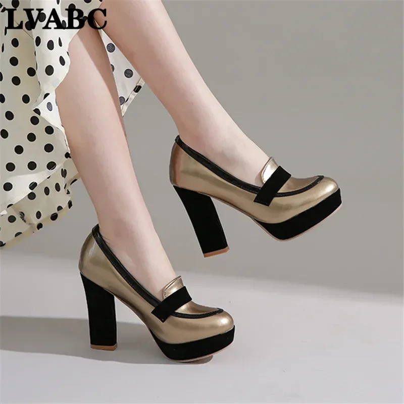 

New Style Sexy Patent Leather Shallow Mouth Round Waterproof Platform High-Heel Chunky-Heel Shoes Four Seasons Work Women's