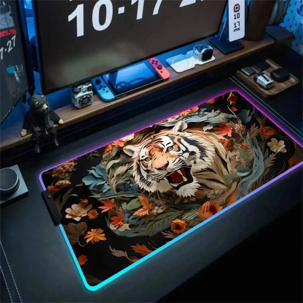 

Коврик для мыши RGB, коврик для мыши с тематикой тигра, механические коврики для клавиатуры, аксессуары для офисного компьютера, ковры, светодиодный противоскользящий игровой настольный коврик