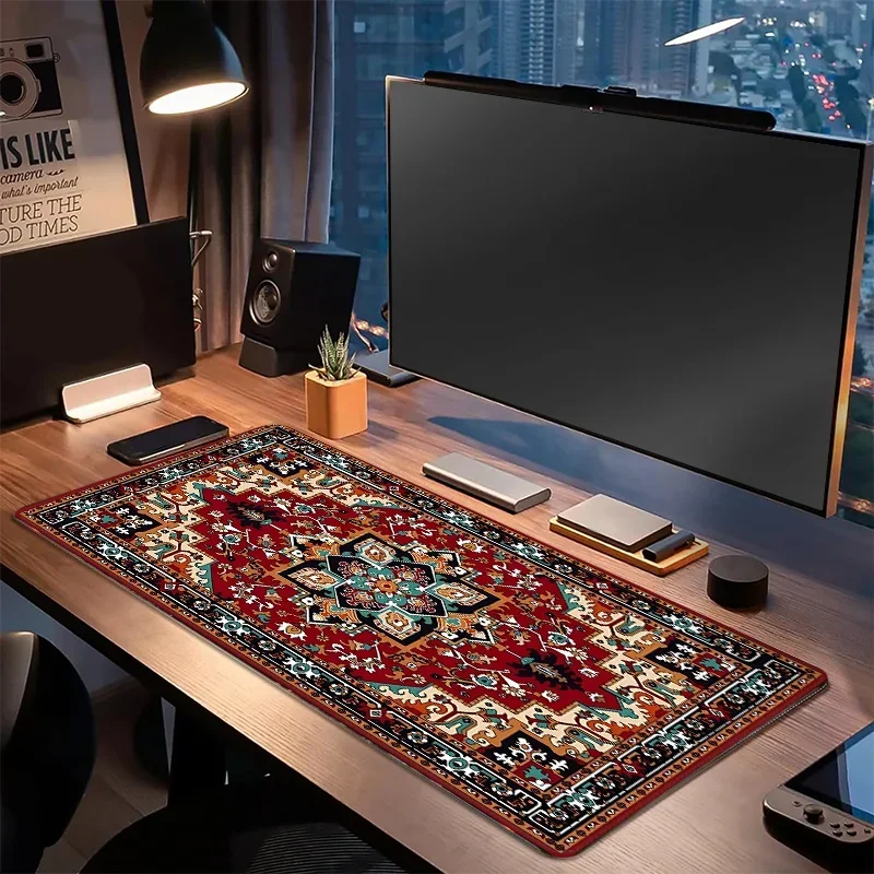 

Bohemian Style Large Gaming Mouse Pad Antique Persian Rug Pattern 900x400 Non-Slip Rubber Base Stitched Edges PC Desk Accessory