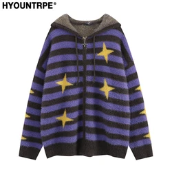 Mens Hooded Cardigan Sweater Y2K Strars Fashion Striped Streetwear Hip Hop Zipper Warm Knitted Cardigan Sweater Unisex Jumpers