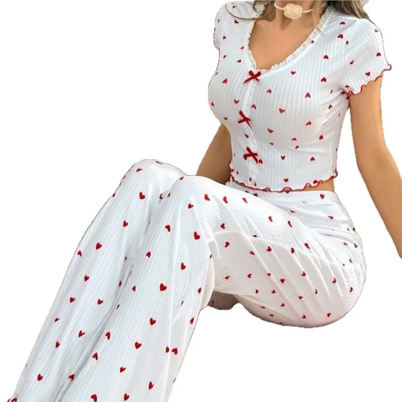 Women's Heart Print Pajama Set V-Neck Short Sleeve Top Long Pants Ribbed Knit Lounge Wear Sleepwear Two Piece Summer Homewear