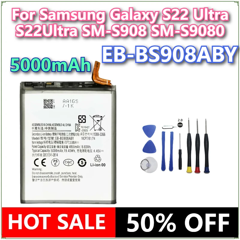 

New EB-BS908ABY 5000mAh Replacement Phone Battery For Samsung Galaxy S22 Ultra S22Ultra SM-S908 SM-S9080 Phone Batteries +Tools