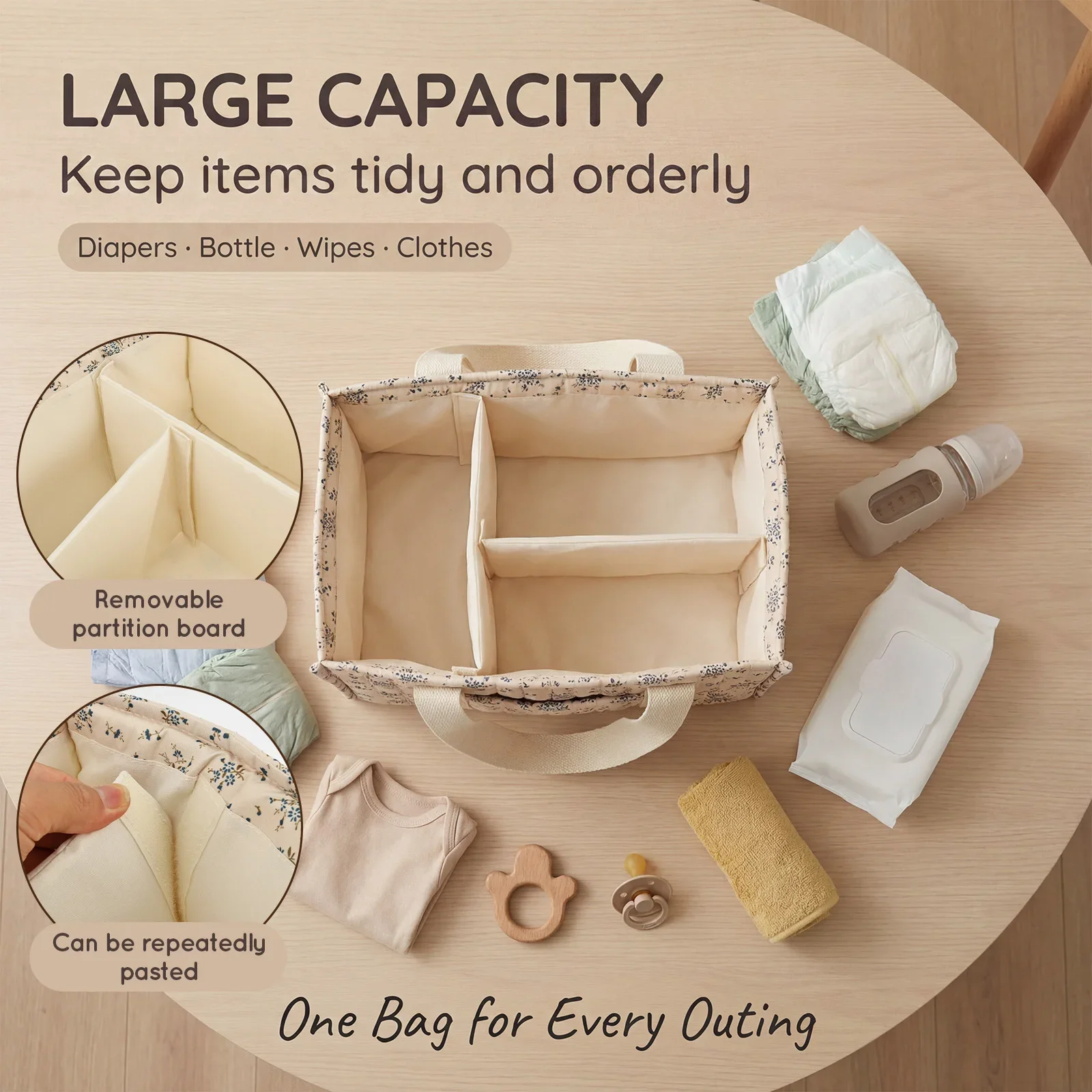 Foldable Diaper Caddy Organizer Floral Pattern Stylish Diaper Storage Basket With Handle Large Capacity Tote Bag for Nursery