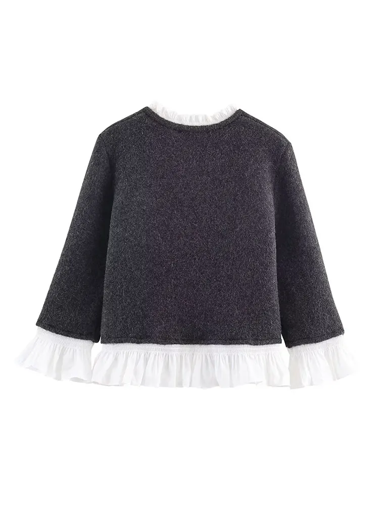 NLZGMSJ المرأة شيك موضة لصق س الرقبة طويلة الأكمام التباين اللون سترة مشغولة من الصوف معاطف سترة فضفاضة غير رسمية #2