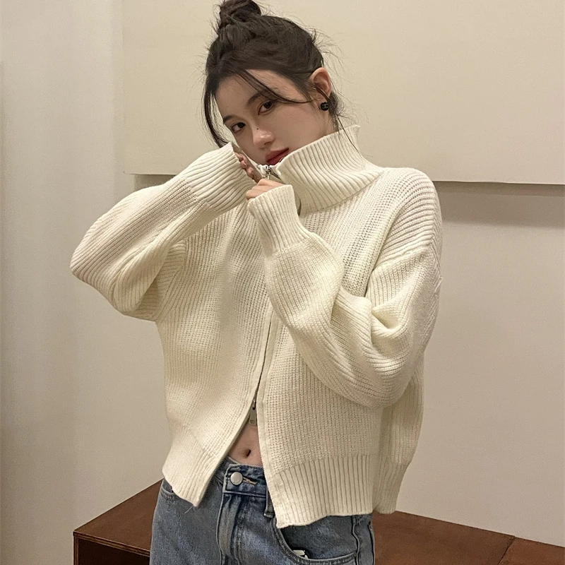 Women Cardigan Korean Style Knitted Texture Sweater Autumn Winter Design Solid Tops Zipper Loose Fitting All-match Casual Chic