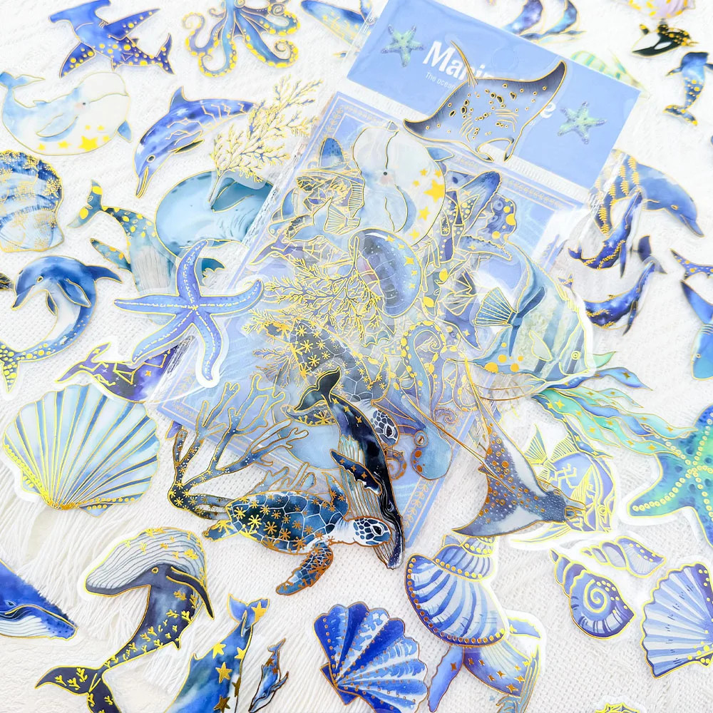 50 قطعة الكائنات البحرية الأسماك قذيفة الذهب ختم ملصقات الحيوانات الأليفة الشارات لزجاجة سجل القصاصات حقيبة خوذة ملصقات جمالية ذاتية الصنع