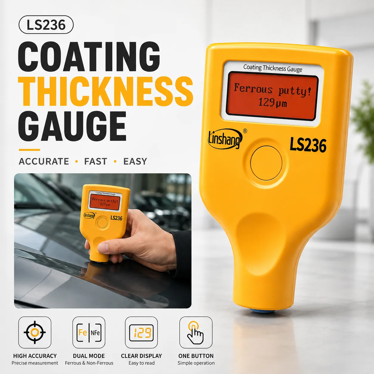 LS236 Car Paint Meter Paint Thickness Gauge for Used Cars, Fe/NFe 0-5000μm, Metallic Putty Detection, OLED, Bluetooth